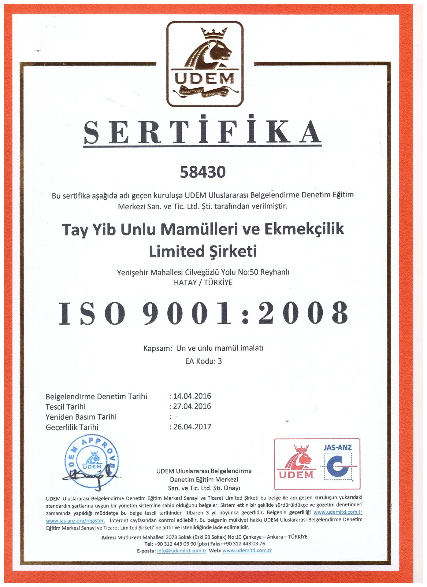 ISO 9001 Kalite Yönetimi Belgesi