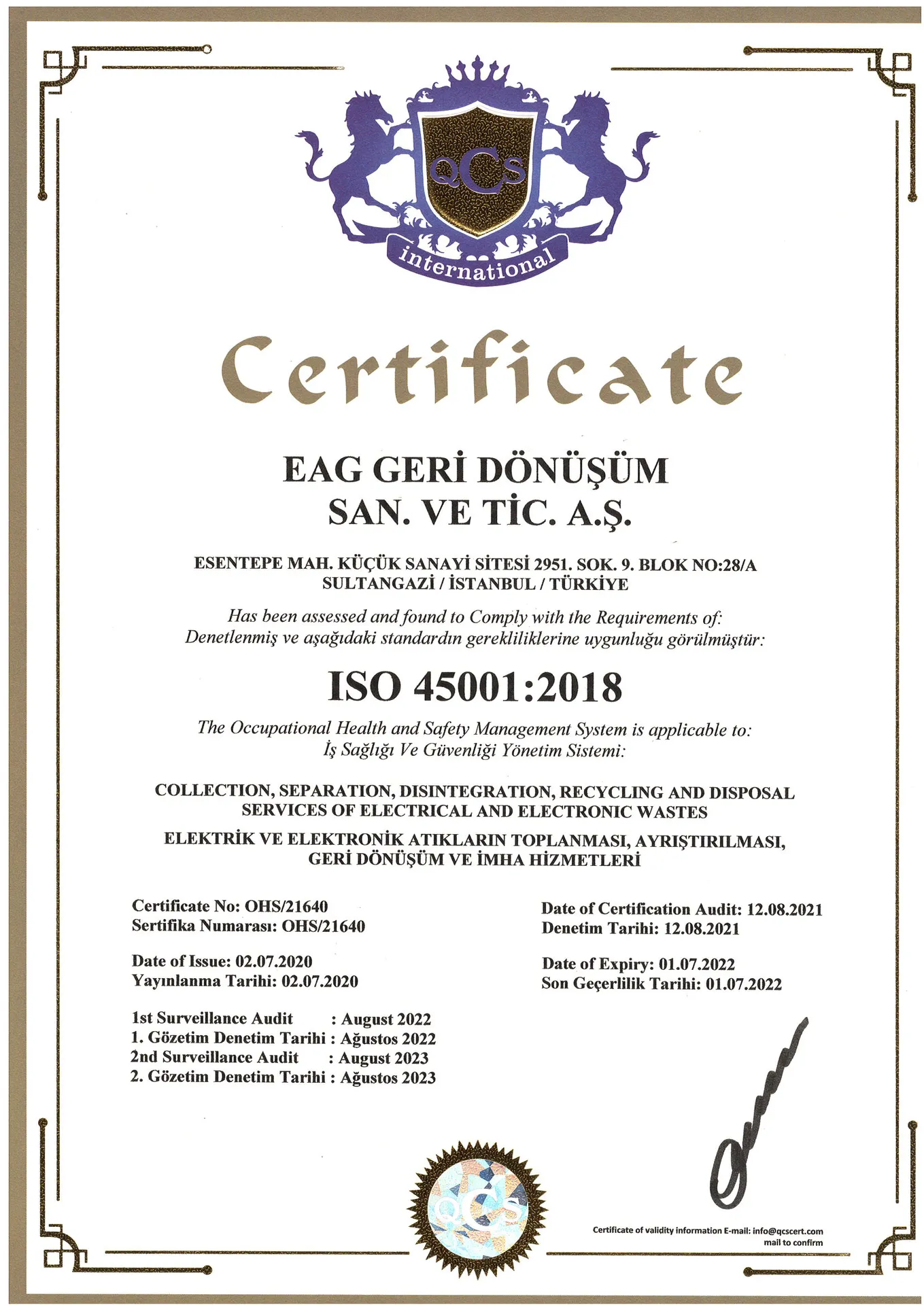 ISO 45001 İş Sağlığı ve Güvenliği Yönetim Sistemi Belgesi