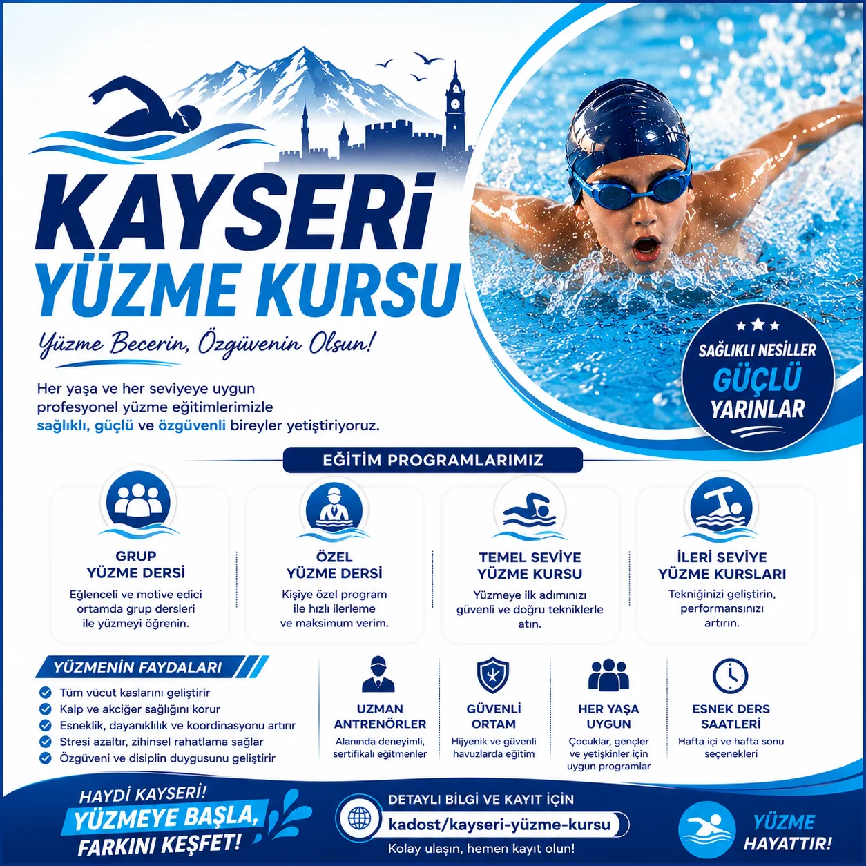 Kayseri Yüzme Kursları. Her yaşta katılımcı için. Temel ve İleri seviye yüzme kursları. Gr
